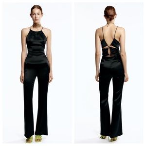 NWT. Zara Black Satin Effect Flared Jumpsuit. Size XS.
